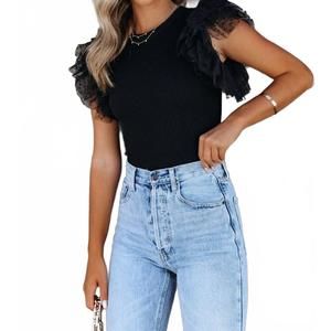 NEW LOVESOFT dotty mesh ruffle sleeve ribbed knit top in black